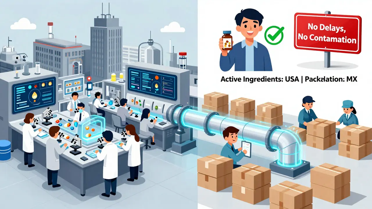 Usine hybride : ingrédients actifs aux États-Unis, emballage au Mexique.