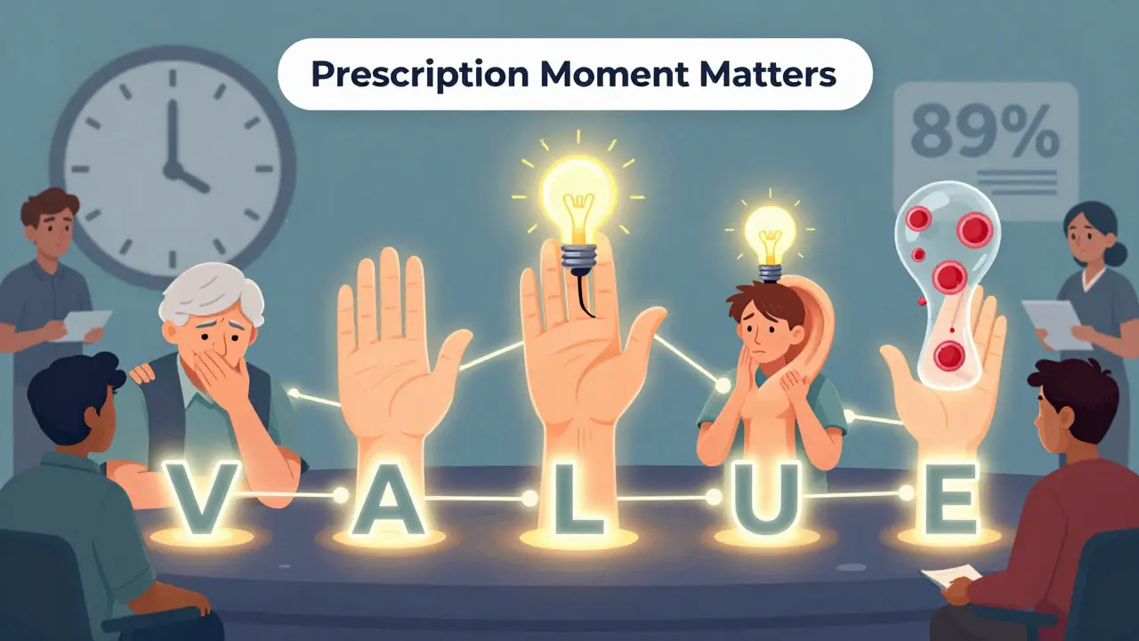 Cinq mains lumineuses formant le acronyme VALUE, entourées de patients passant de l'inquiétude à la confiance, avec une animation moléculaire en arrière-plan.