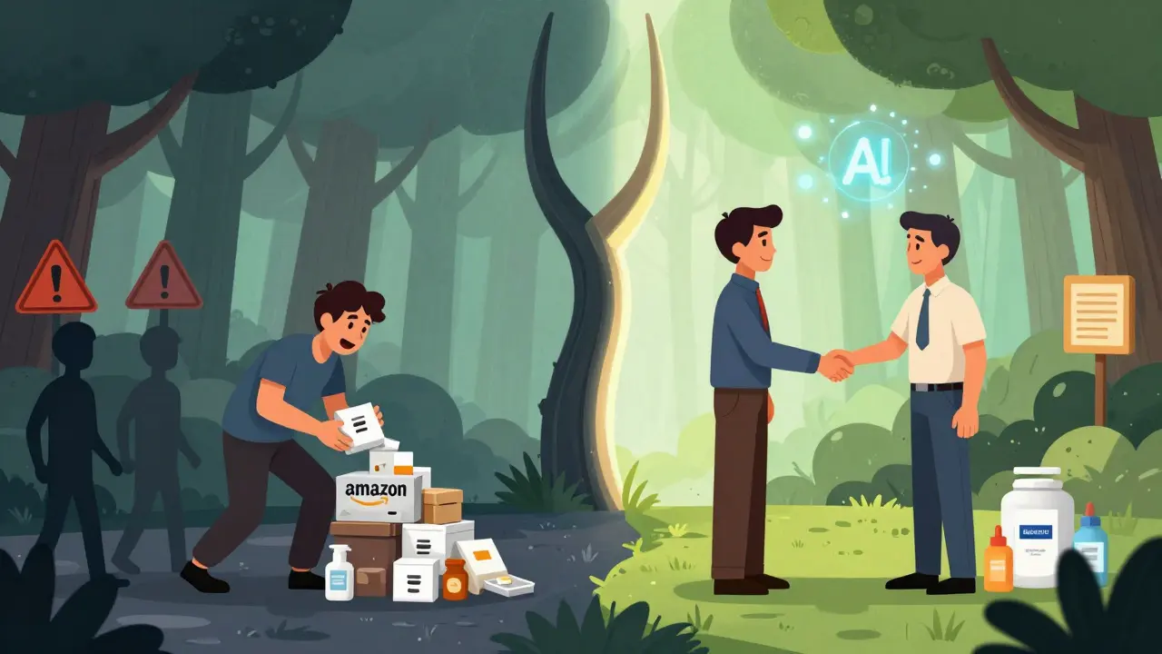 Contraste entre la revente illégale d'échantillons et l'usage éthique, avec un handshake et des règles éthiques en arrière-plan.