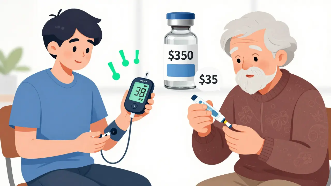 Contraste entre un patient utilisant une pompe à insuline moderne et un autre avec une insuline abordable.
