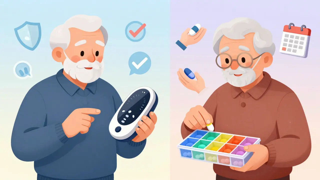 Deux personnes âgées utilisent des systèmes de prise de médicaments adaptés : l’un par la voix, l’autre avec un organiseur tactile, entourées de symboles de sécurité.