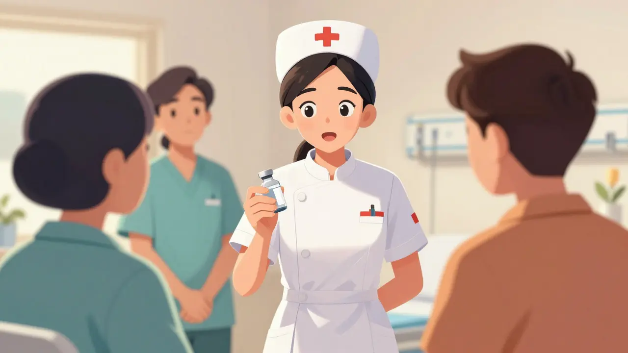 Infirmière confirmant la dose à voix haute avec patient et collègue