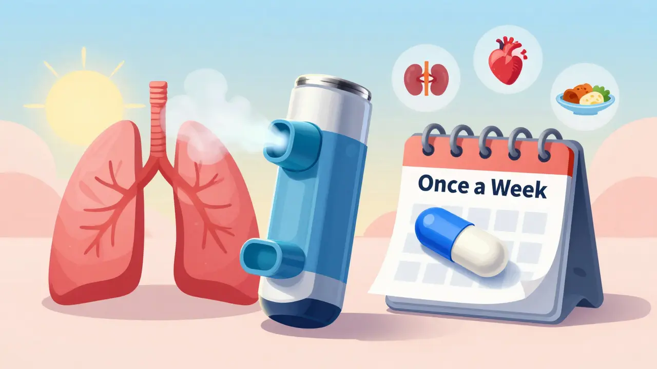 Inhalateur d'insuline et capsule hebdomadaire entourés de symboles de santé et de bien-être.