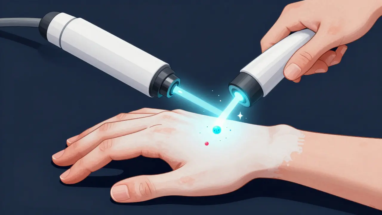 Laser excimer ciblant uniquement les plaques blanches sur une main, avec des cellules mélanocytaires qui se réactivent.
