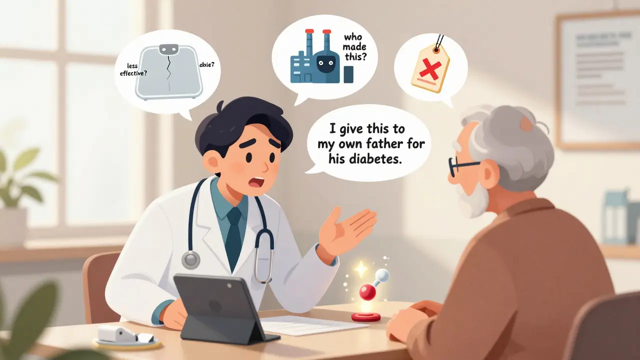 Médecin écoutant un patient âgé dans un cabinet, montrant une tablette avec une animation moléculaire, en disant qu'il prescrit ce générique à son père.