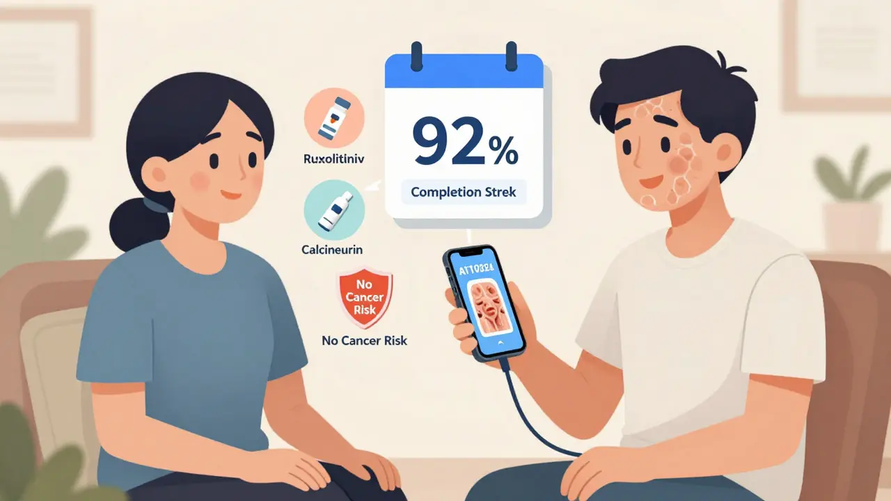 Patient utilisant un appareil UV domestique avec IA et une application de suivi, symbolisant le traitement personnalisé du vitiligo.