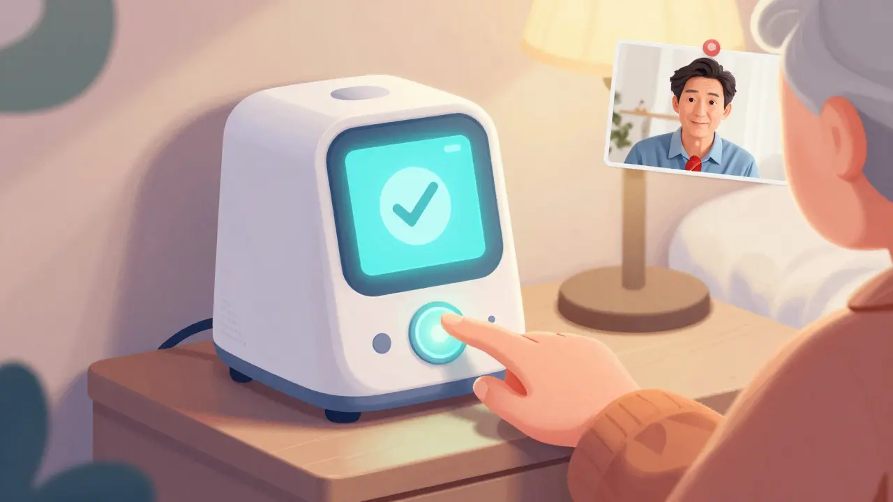 Un distributeur intelligent affiche une confirmation de prise de médicament, avec une appel vidéo en arrière-plan, dans une chambre apaisante.