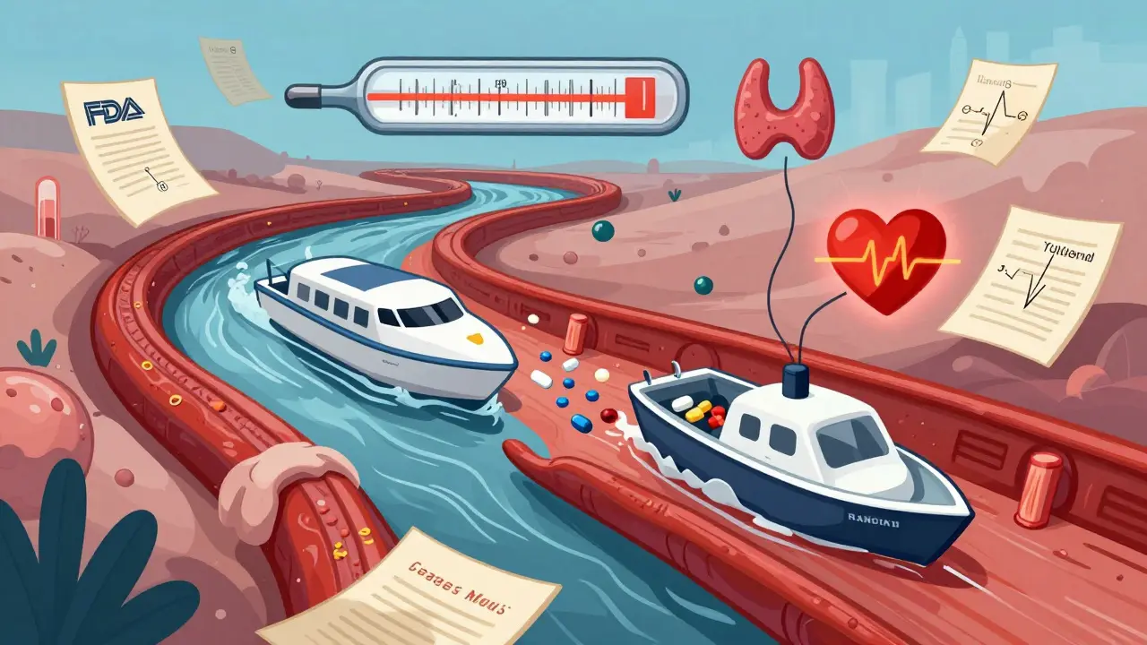 Un flux sanguin stylisé montre deux formulations de médicaments qui libèrent des particules différentes, affectant un cœur et une glande thyroïde.