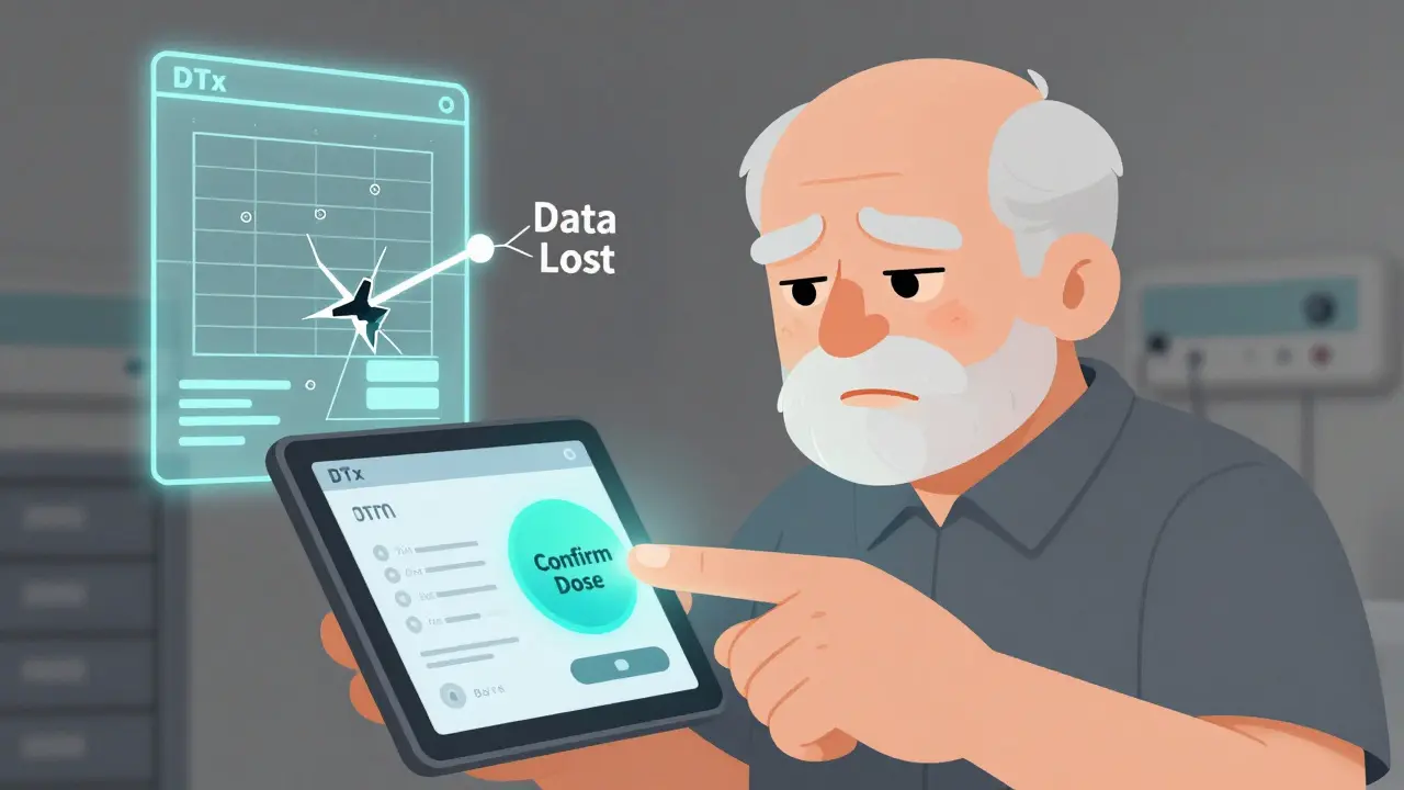 Un homme âgé peine à utiliser une application numérique, tandis qu'une main bienveillante l'aide à cliquer sur un bouton.