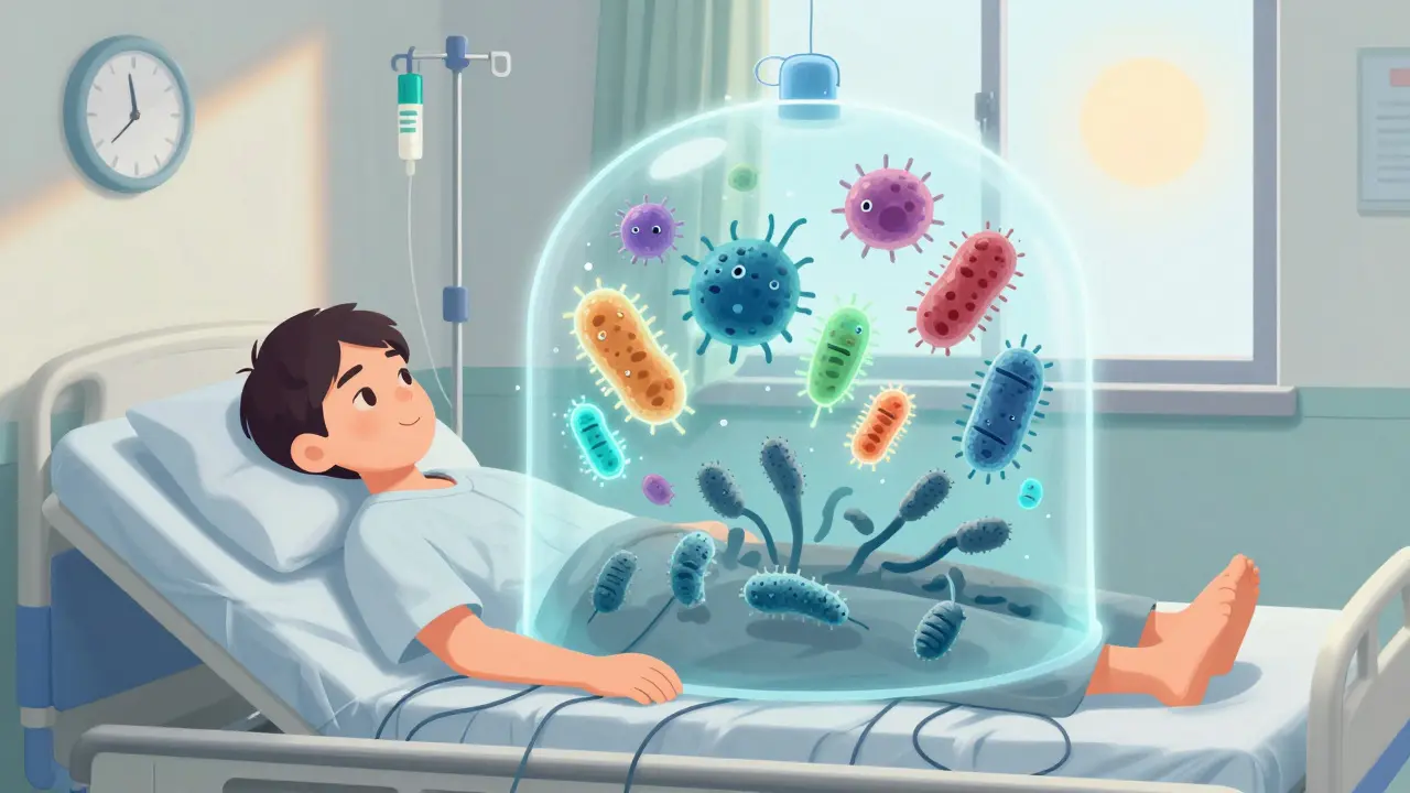 Un patient hospitalisé protégé par un bouclier de probiotiques qui bloquent les spores de C. difficile, symbolisant la défense du microbiote après un antibiotique.