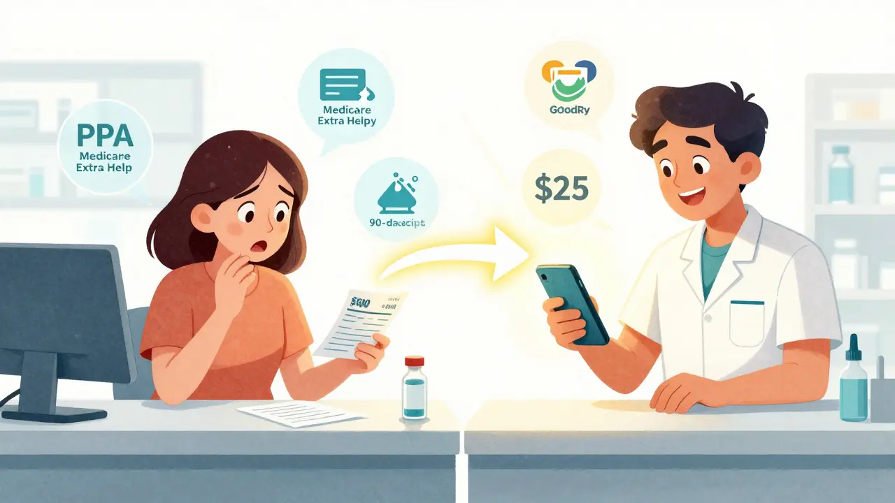 Un patient utilise GoodRx pour payer beaucoup moins cher à la pharmacie, avec des aides médicales flottantes.