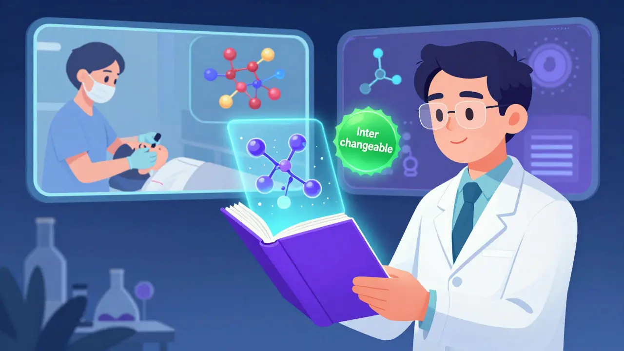 Un scientifique examine un biosimilaire interchangeable via un hologramme projeté par le Purple Book.
