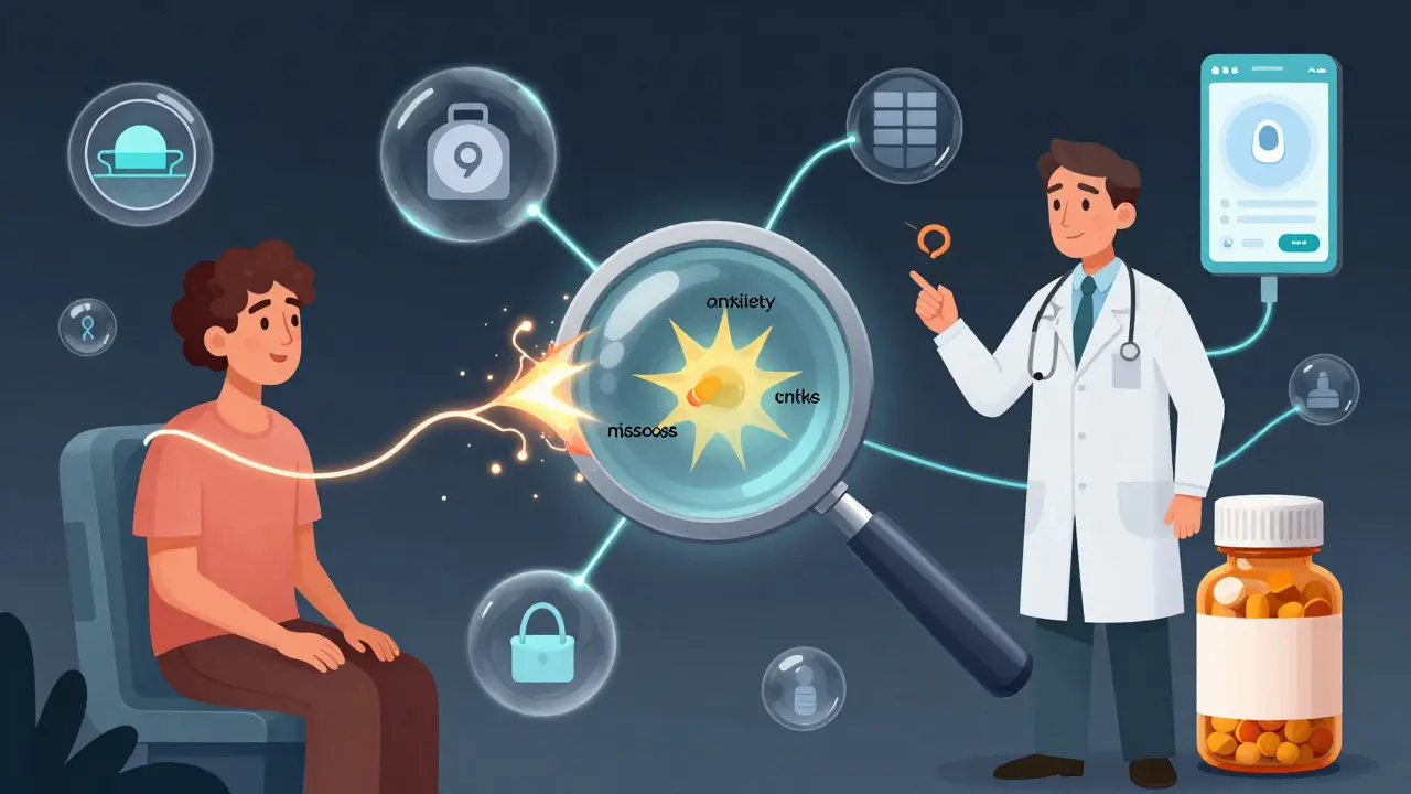 Un système médical connecté montre des liens entre thérapie numérique, médicaments et patients, avec un lien défectueux qui étincelle.