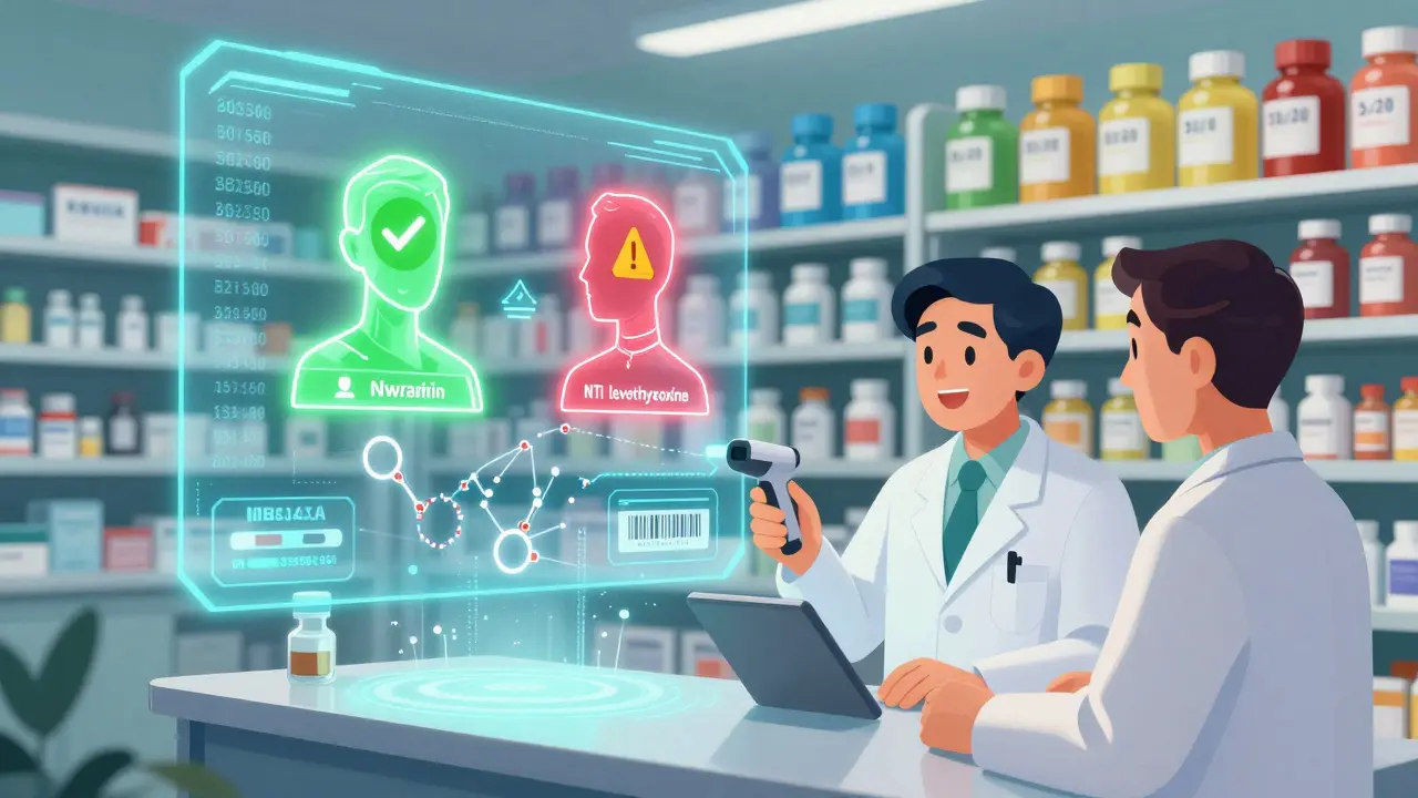 Une interface IA holographique analyse des profils génétiques de patients dans une pharmacie, avec des comprimés de doses variées en arrière-plan.