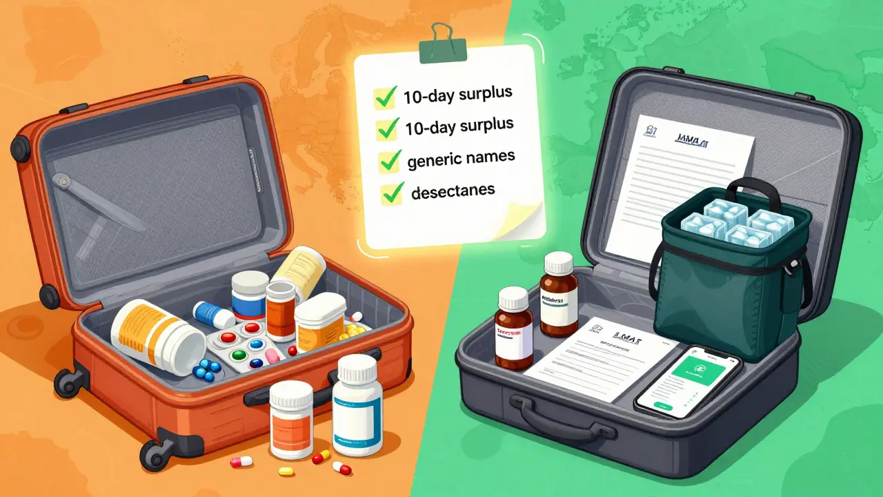 Valise désordonnée à gauche, trousse de voyage organisée à droite avec étiquettes, lettre médicale et sac isotherme.