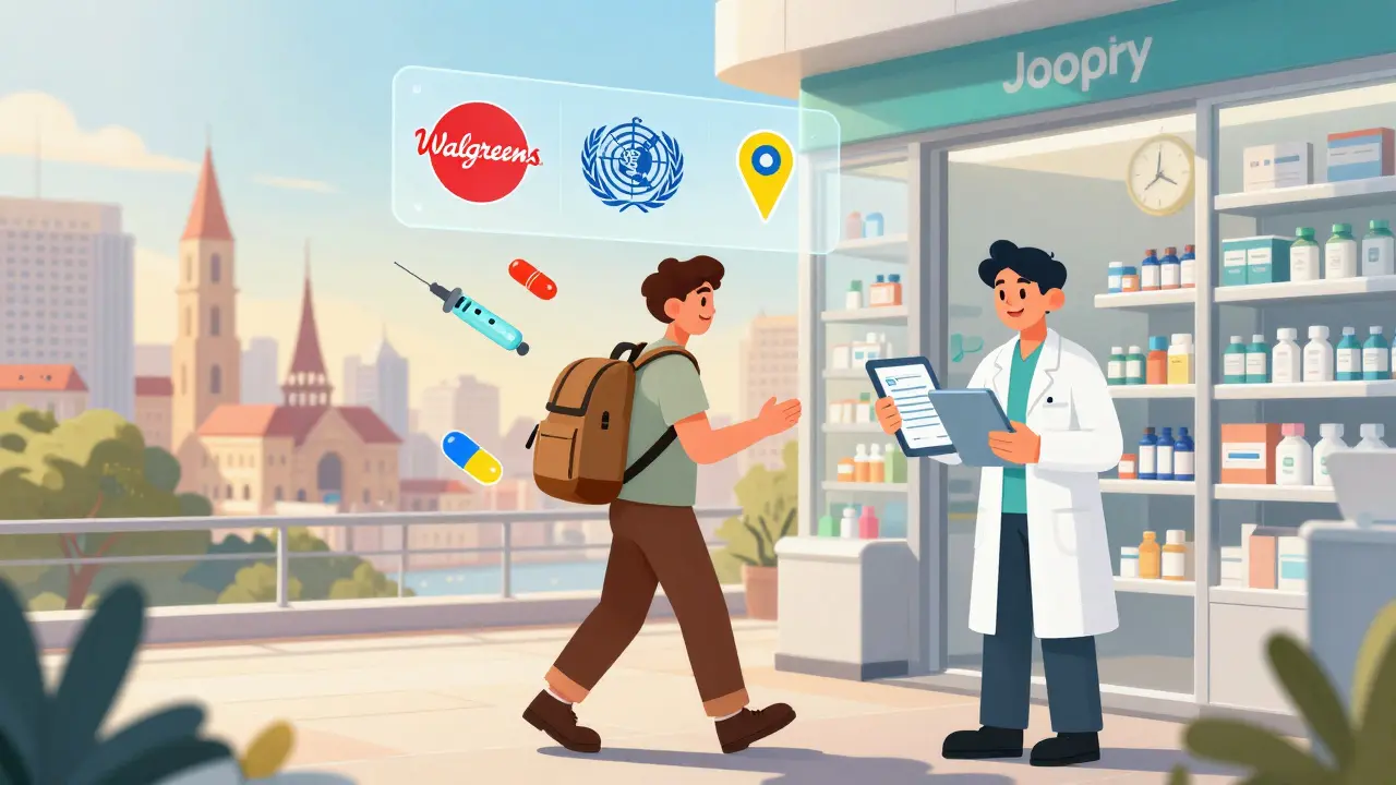 Voyageur reçu dans une pharmacie étrangère, avec logos vérifiés et icônes de médicaments flottants autour de lui.