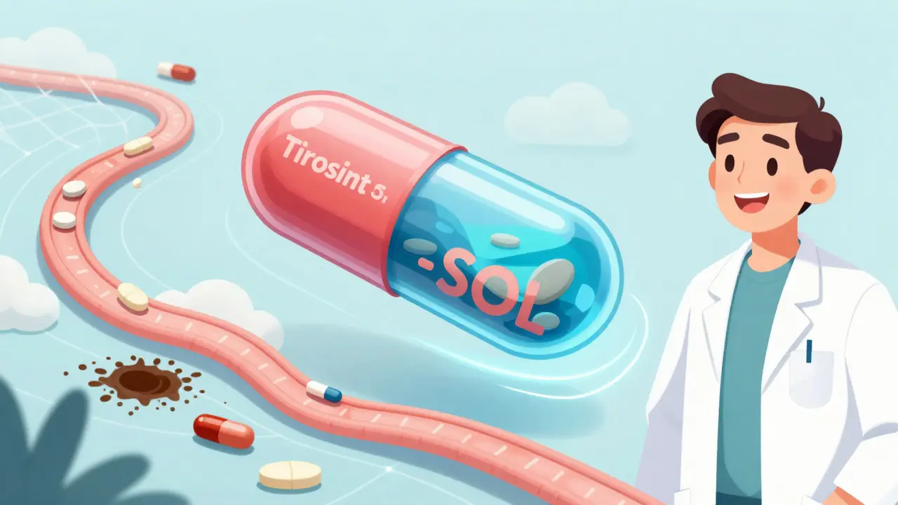 Capsule liquide de lévothyroxine qui traverse l'intestin sans obstacles, tandis que les comprimés classiques sont bloqués par des éléments perturbateurs.