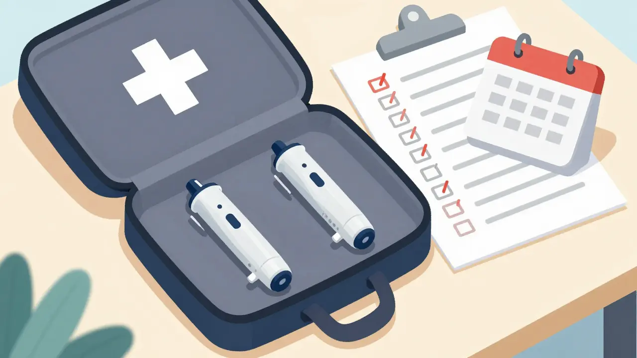 Deux stylos d'épinéphrine sur une table pour la vérification des stocks