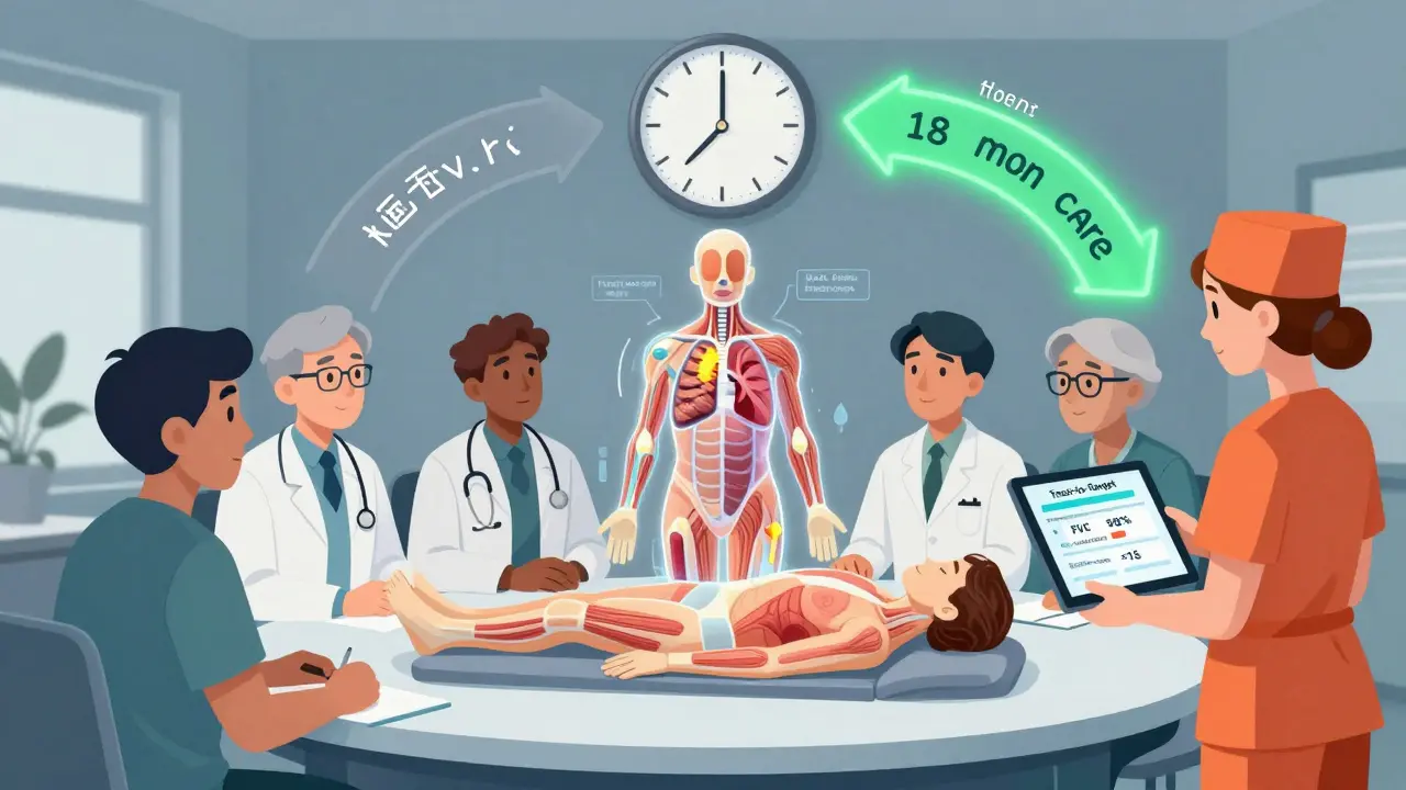 Équipe médicale autour d'un modèle holographique du patient, avec des indicateurs de traitement ciblé affichés.