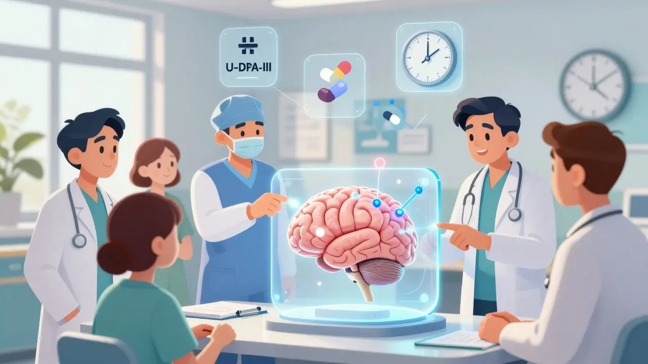 Équipe médicale française analysant un modèle 3D du cerveau pour évaluer un candidat à la DBS.