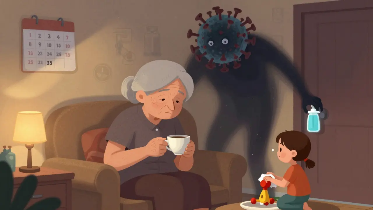 Femme âgée dans son salon, un virus RSV en ombre derrière elle, sa fille nettoie une poignée de porte.