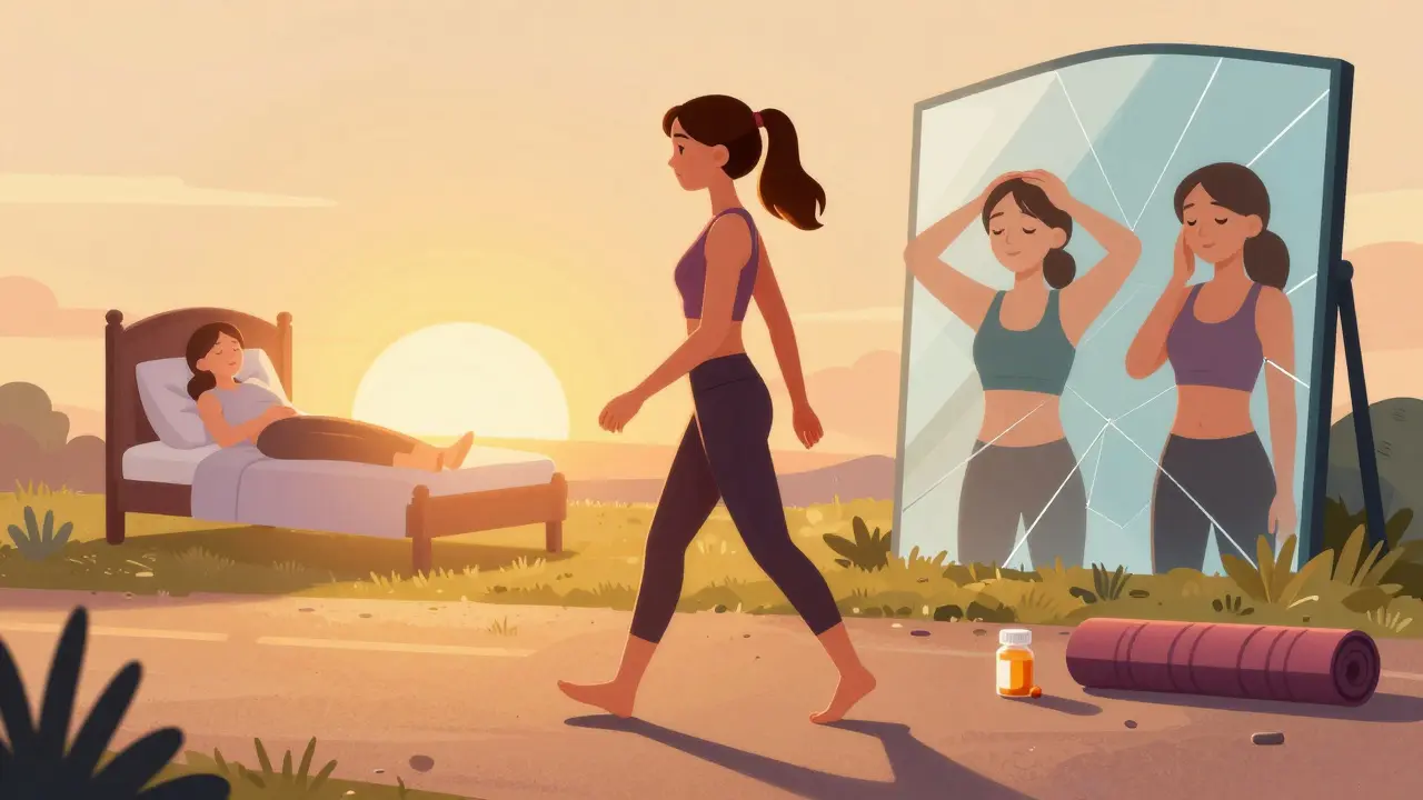 Femme marchant au coucher du soleil, entre ombre et lumière, représentant la gestion de la fibromyalgie par l'activité et la thérapie.