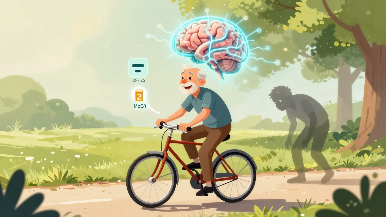 Homme âgé sur un vélo, son cerveau brillant de signaux stables, tandis que son ancienne forme tremblante disparaît.