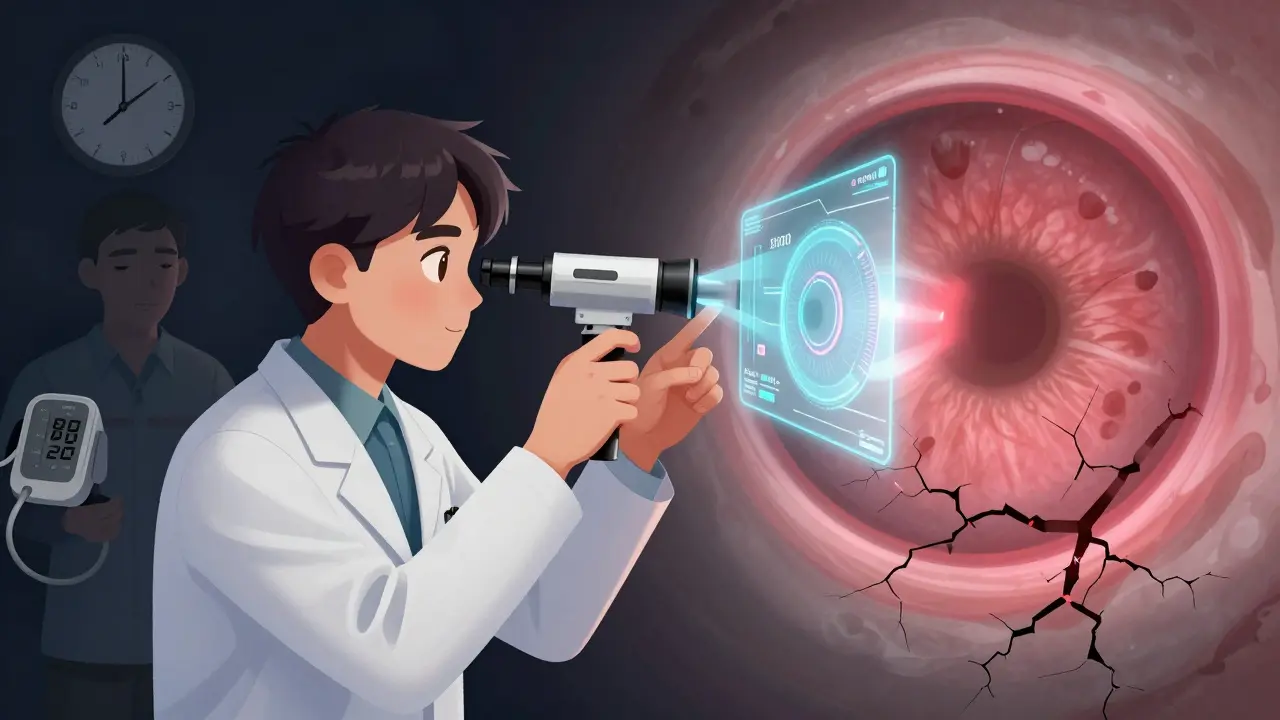 Médecin analysant la rétine avec une IA, tandis qu'un patient ignore sa pression artérielle dangereuse.