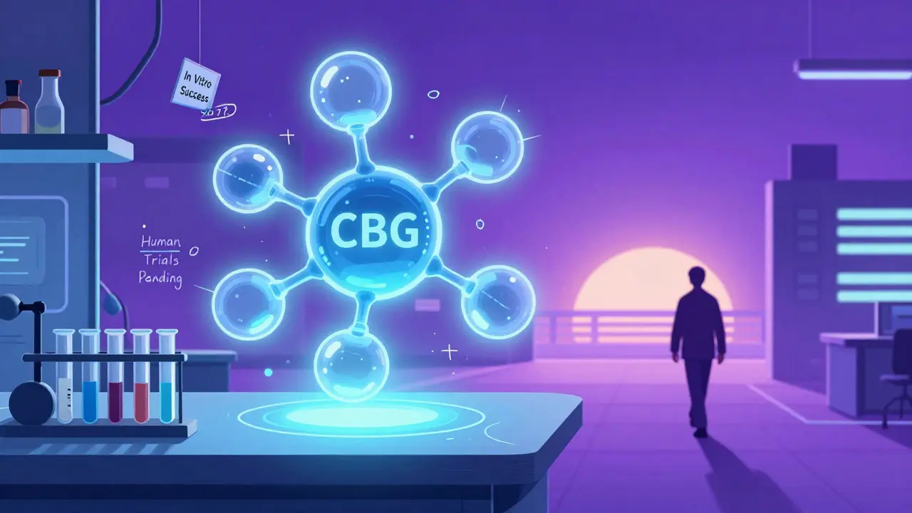 Molécule de CBG brillante entourée de tubes à essai, symbolisant une recherche médicale en cours.