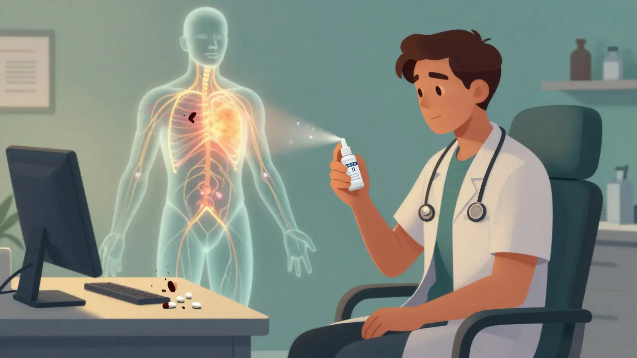 Patient recevant un spray THC:CBD sous supervision médicale, avec des nerfs qui s'apaisent sur son corps.