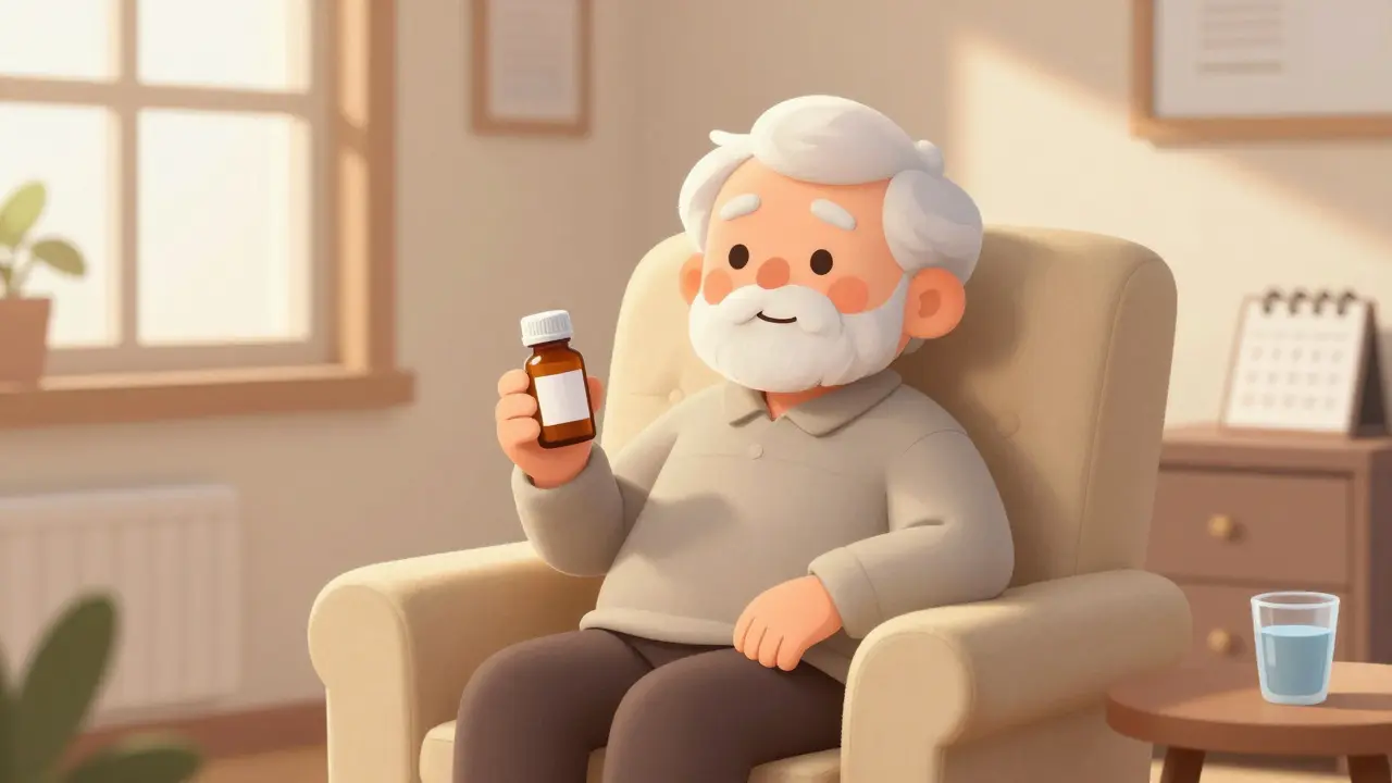 Personne âgée rassurée tenant sa boîte de médicament connue dans un salon doux.