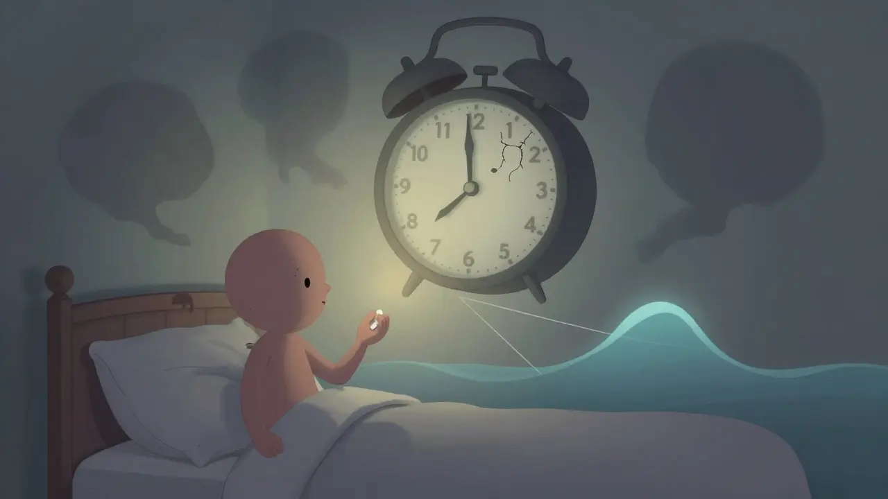 Personne tenant une pilule en basse dose, avec une alarme brisée au-dessus d'elle, symbolisant le traitement lent de la douleur fibromyalgique.