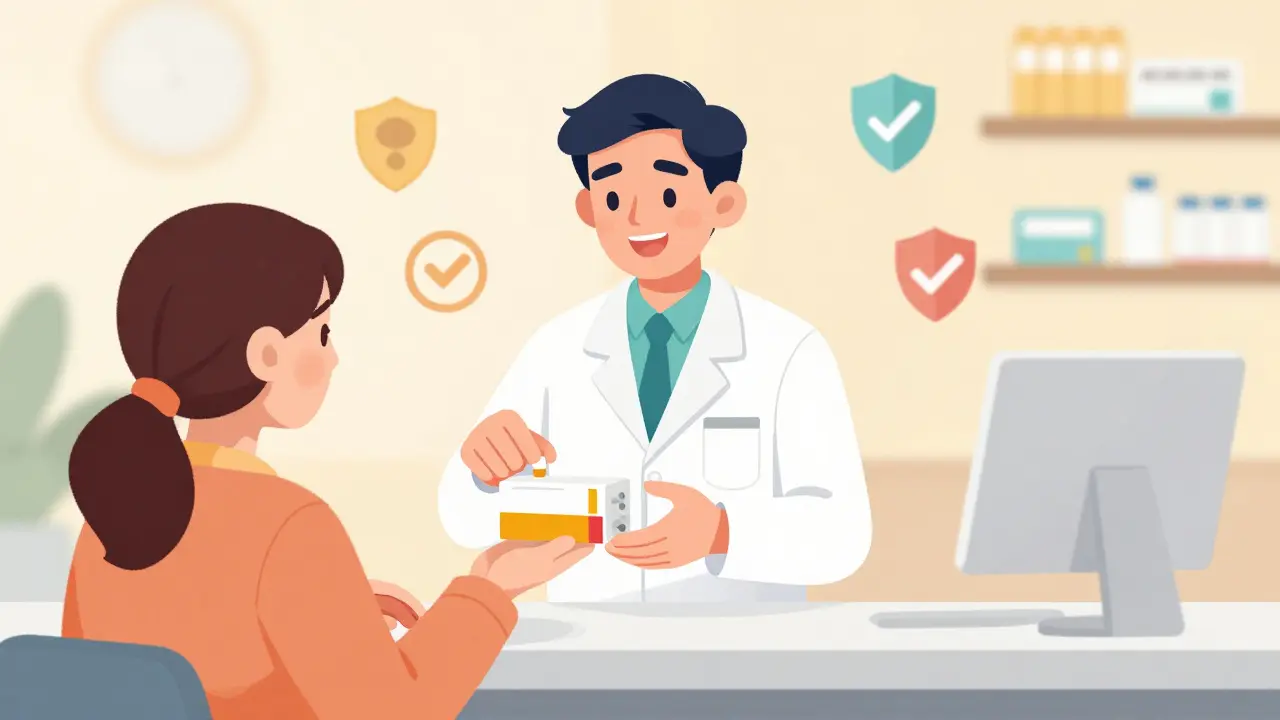 Pharmacien remettant un traitement à un patient dans une officine.