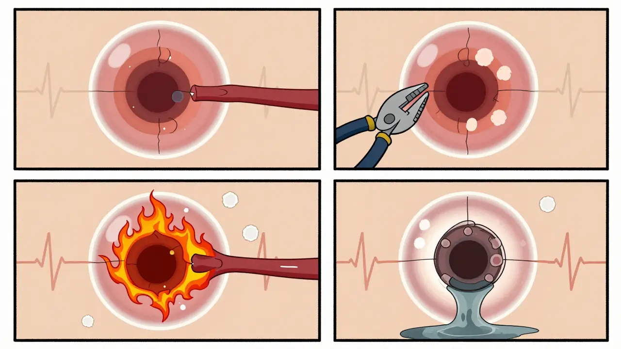 Quatre stades de la rétinopathie hypertensive illustrés comme un puzzle anatomique à l'intérieur d'un œil transparent.
