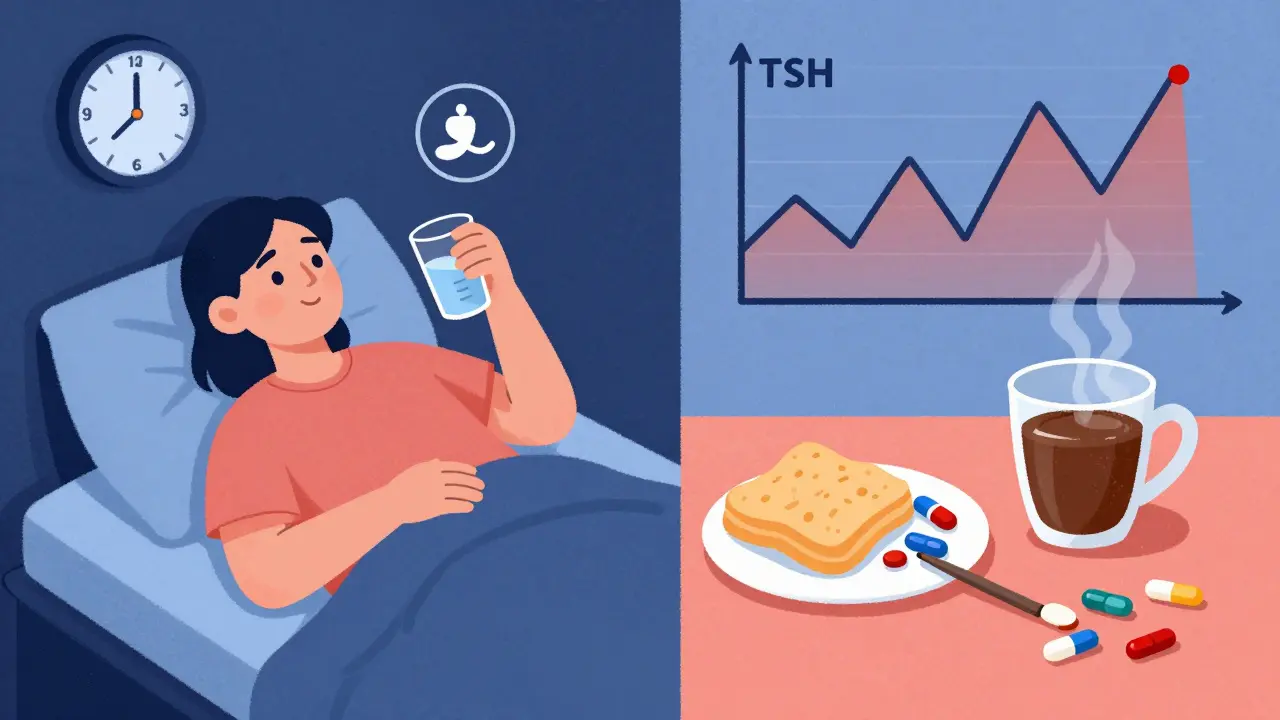 Scène nocturne versus matinale : prise de médicament le soir sans interférences contre prise le matin avec café et nourriture.
