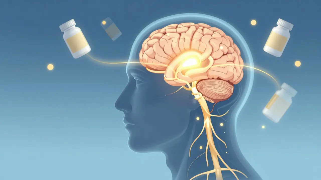 Schéma artistique du cerveau montrant la connexion entre mémoire et médicament familier.