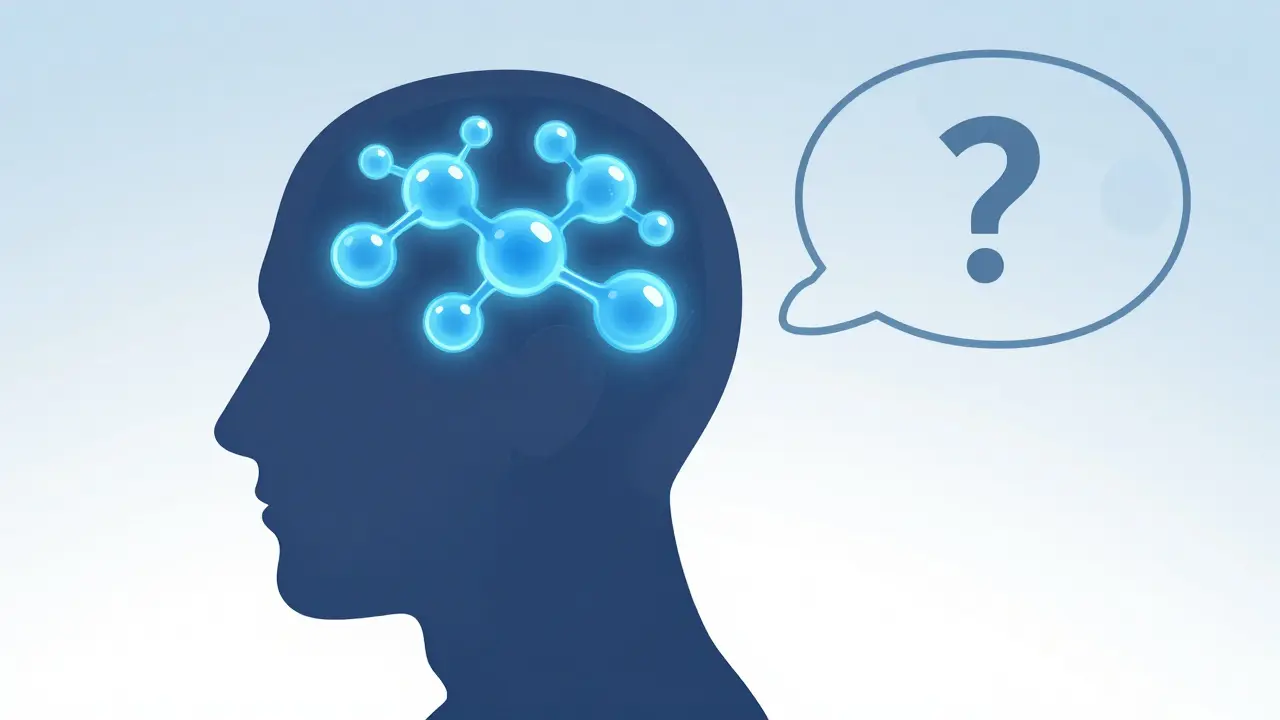 Silhouette de tête humaine avec molécules et bulle de pensée anxieuse.