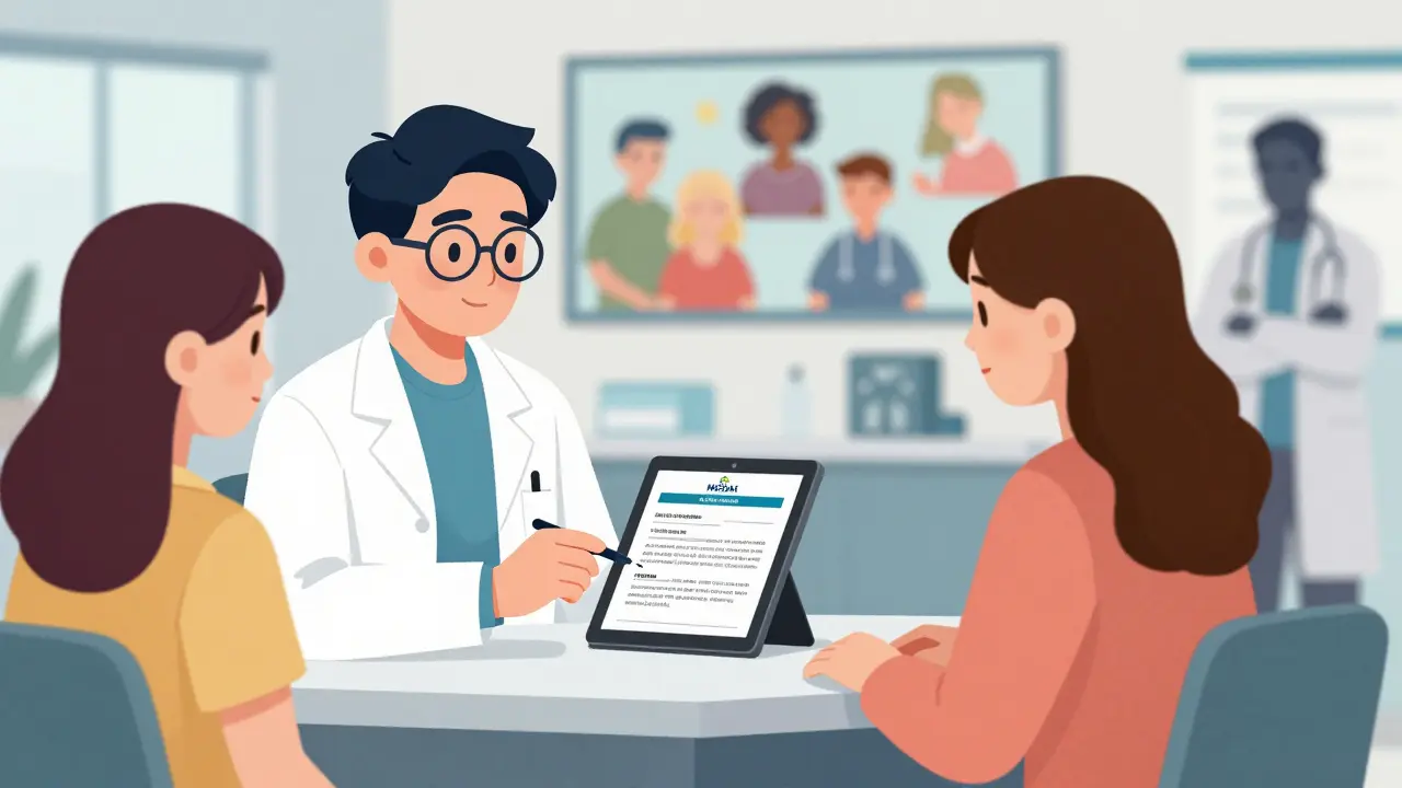 Un pharmacien prescrit des contraceptifs à un patient adulte selon un protocole autorisé, avec un écran numérique affichant les lignes directrices.