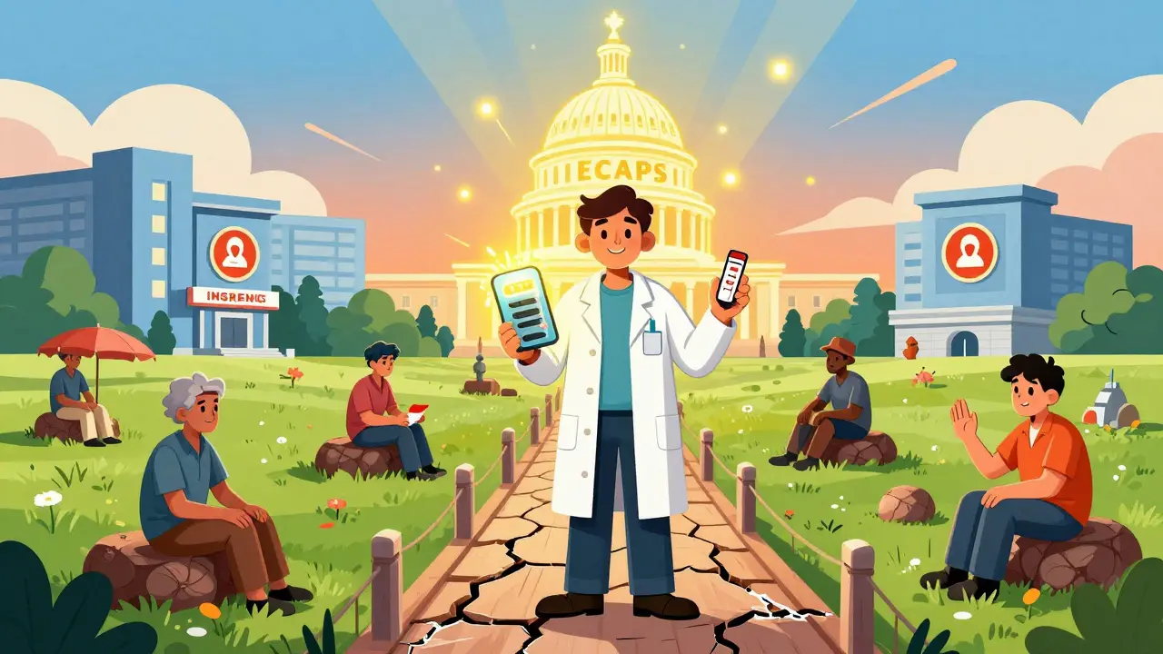 Un pharmacien relie les patients isolés aux soins de santé, tandis que les assureurs refusent de rembourser, une facture fédérale ECAPS brille au-dessus.