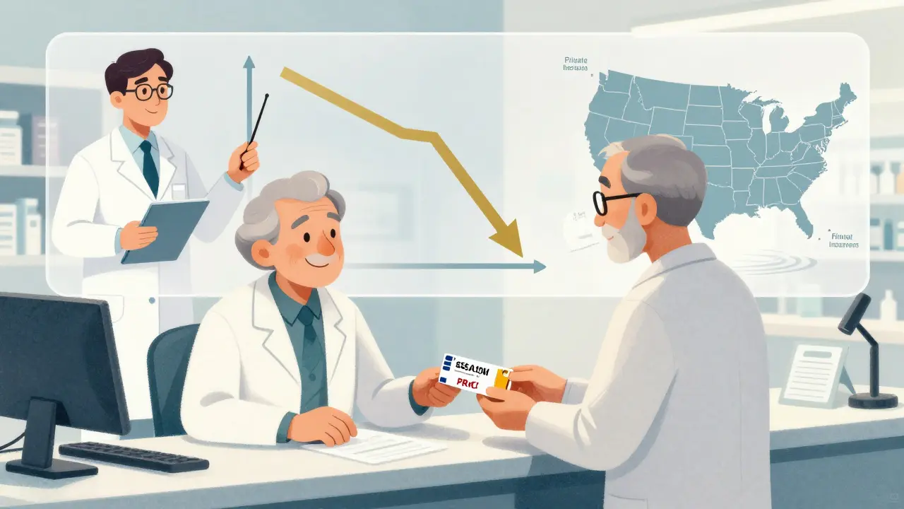 Un senior à la pharmacie reçoit une ordonnance à prix réduit, avec un effet de ripple sur les assureurs privés.