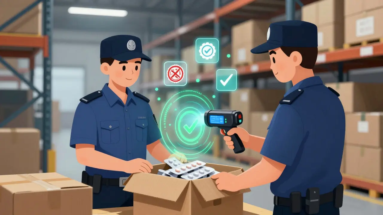 Agents inspectant des boîtes de médicaments avec un scanner dans un entrepôt douanier.