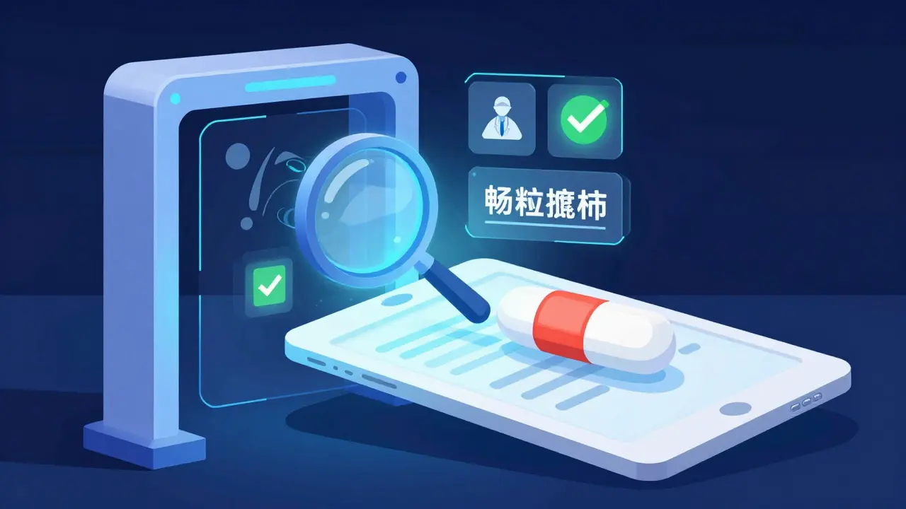 Comprimé passant par un scanner de sécurité symbolisant la vérification de l'ordonnance.