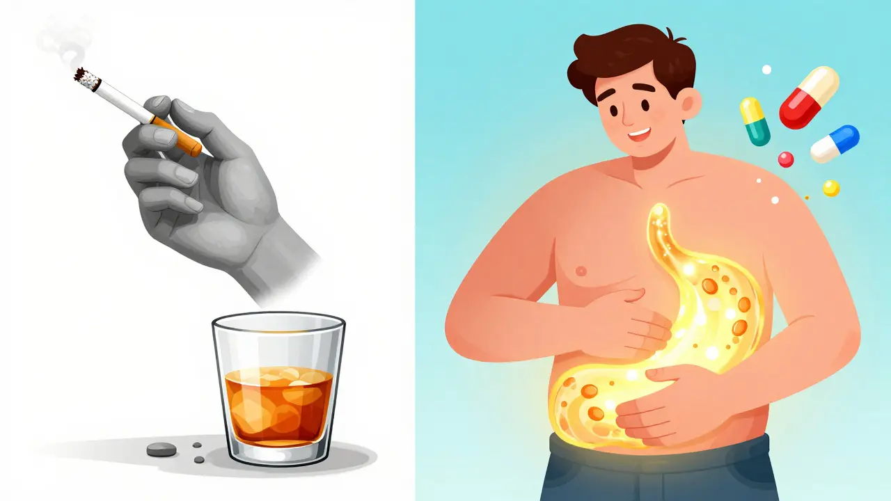 Concept art illustrant la guérison de l'estomac grâce aux médicaments et à l'arrêt du tabac et l'alcool.