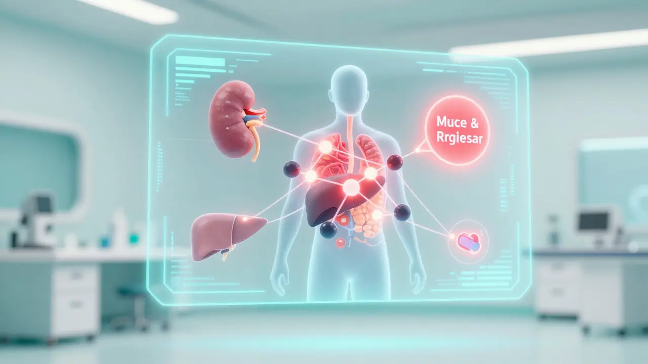 Interface futuriste d'IA analysant l'impact personnalisé d'un médicament sur les organes d'un patient.