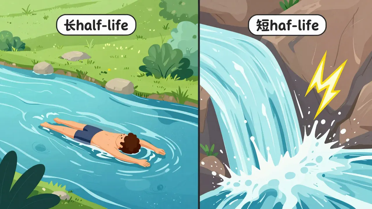 Métaphore visuelle illustrant la différence entre une demi-vie longue et courte d'un médicament.