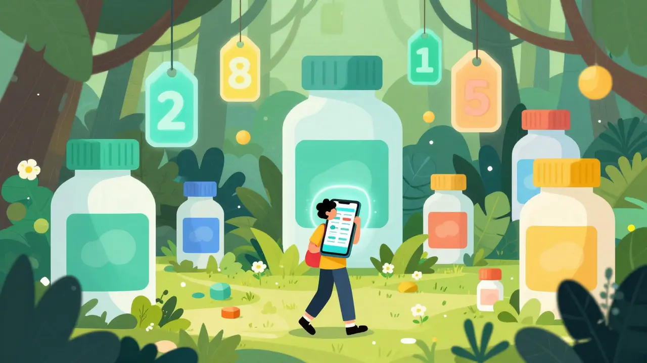 Personnage naviguant parmi des prix de médicaments dans une jungle numérique.