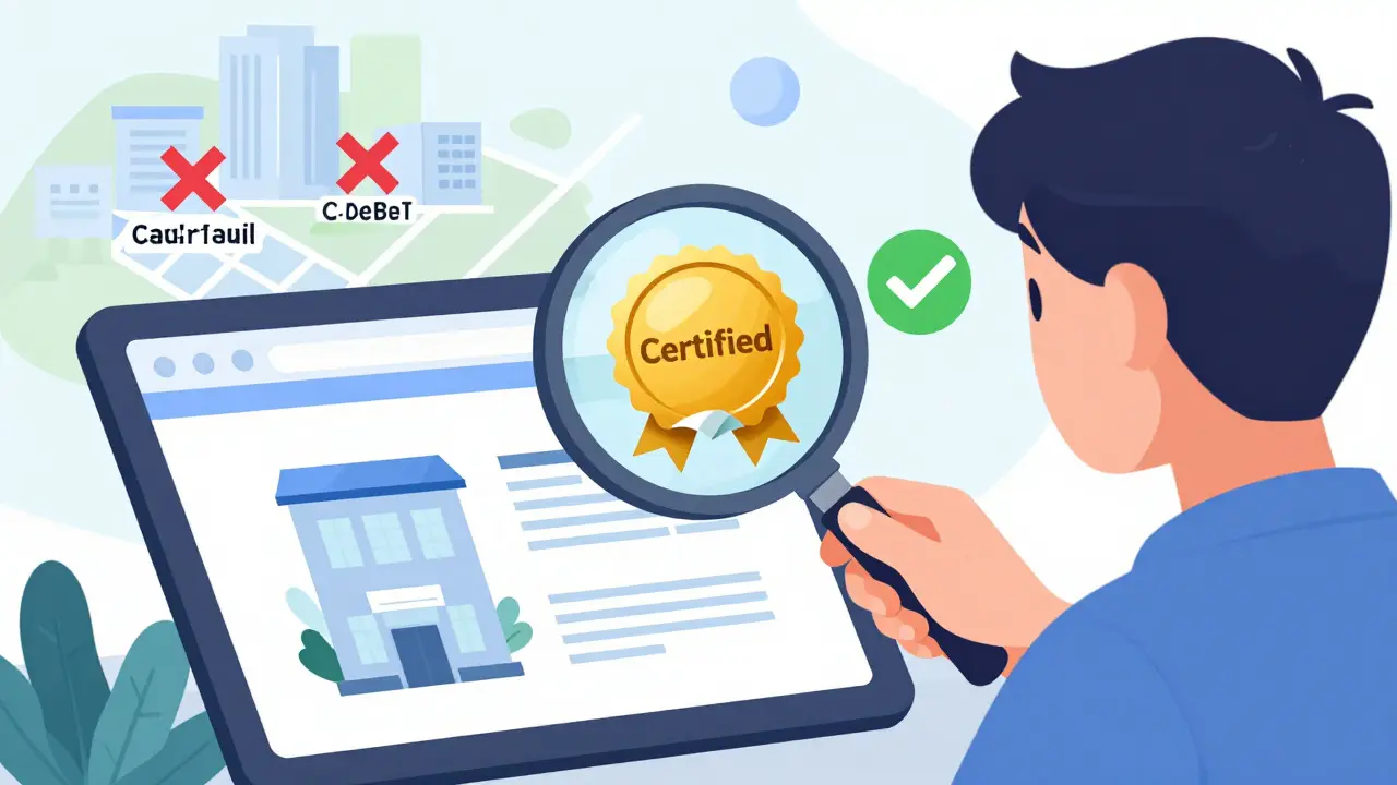 Personne vérifiant l'authenticité d'un site de pharmacie avec une loupe