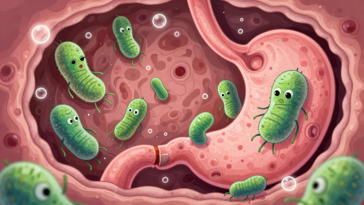 Représentation artistique de bactéries H. pylori en forme de spirales attaquant la muqueuse gastrique.