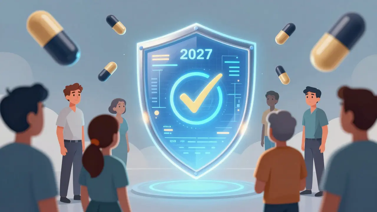 Représentation futuriste d'un bouclier numérique protégeant les patients des faux médicaments