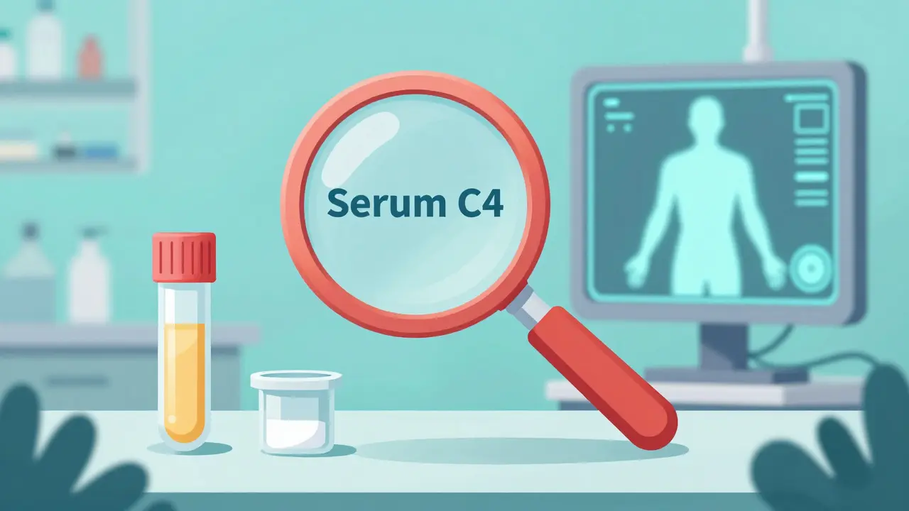 Représentation stylisée des tests de diagnostic comme le sérum C4 et le scanner SeHCAT.